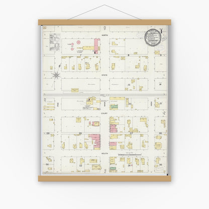 Old map wall art mockup — magnetic wood frame on white wall — Sanborn Fire Insurance Map from Fairmount, Vermilion County, Illinois (1898), Sheet #0001