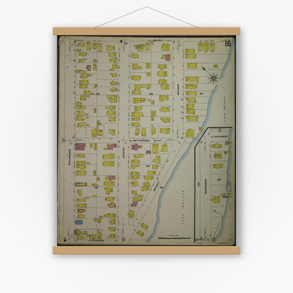 Old map wall art mockup — magnetic wood frame on white wall — Sanborn Fire Insurance Map from Madison, Dane County, Wisconsin (1908), Sheet #0016