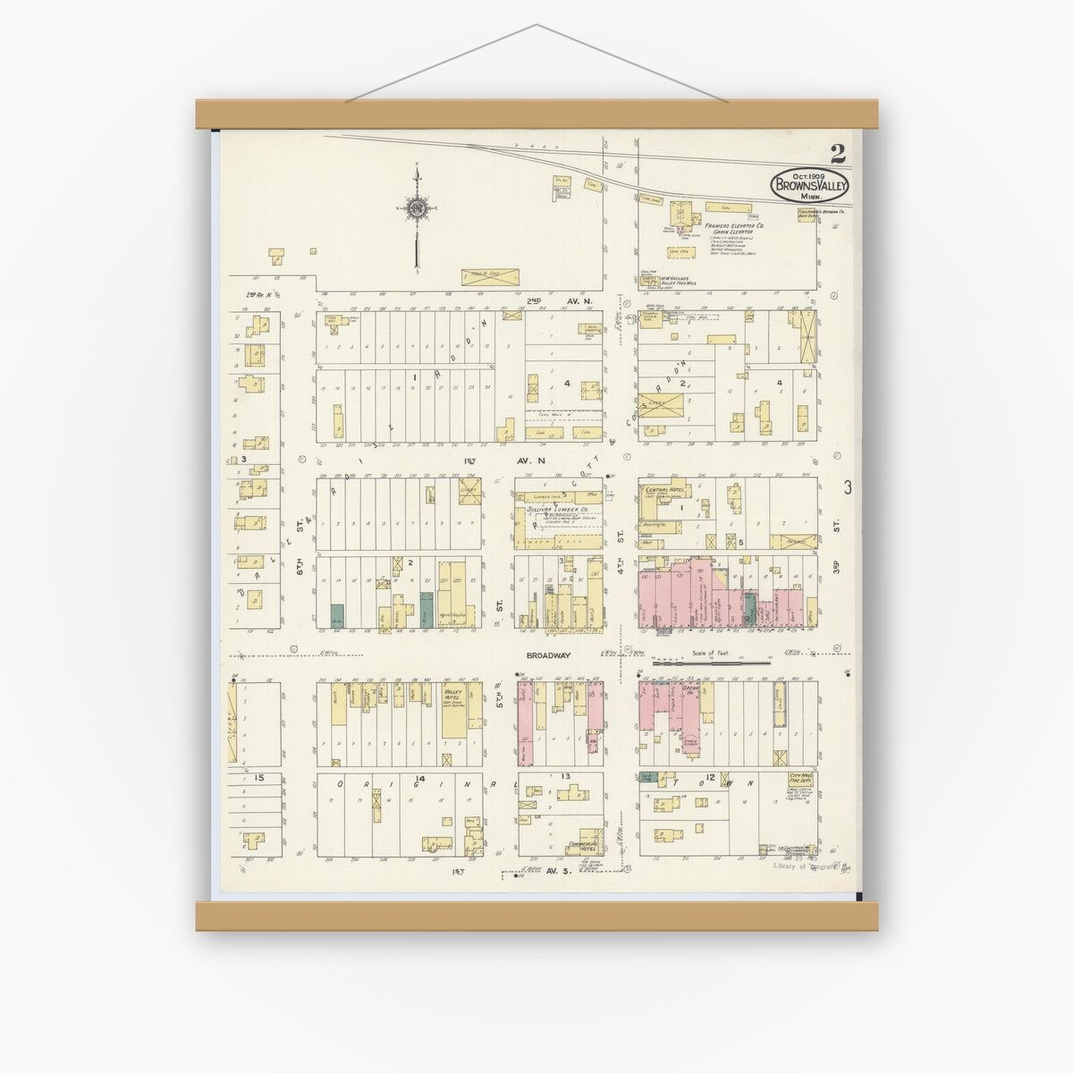 Old map wall art mockup — magnetic wood frame on white wall — Sanborn Fire Insurance Map from Browns Valley, Traverse County, Minnesota (1909), Sheet #0002