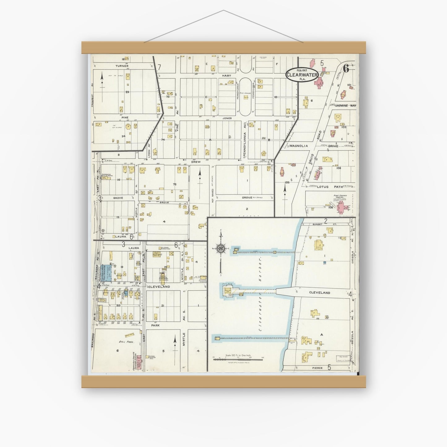 Old map wall art mockup — magnetic wood frame on white wall — Sanborn Fire Insurance Map from Clearwater, Pinellas County, Florida (1917), Sheet #0006