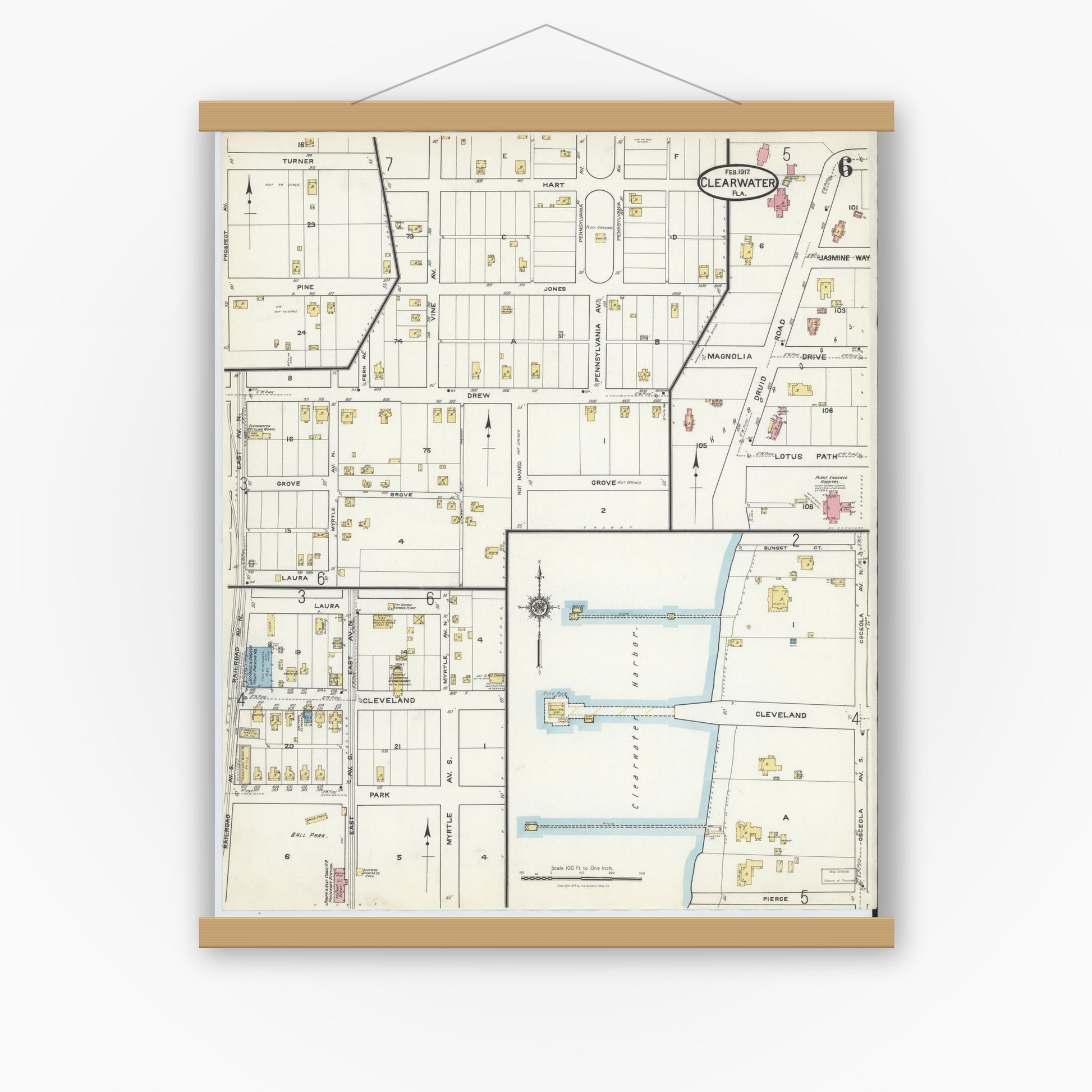 Old map wall art mockup — magnetic wood frame on white wall — Sanborn Fire Insurance Map from Clearwater, Pinellas County, Florida (1917), Sheet #0006