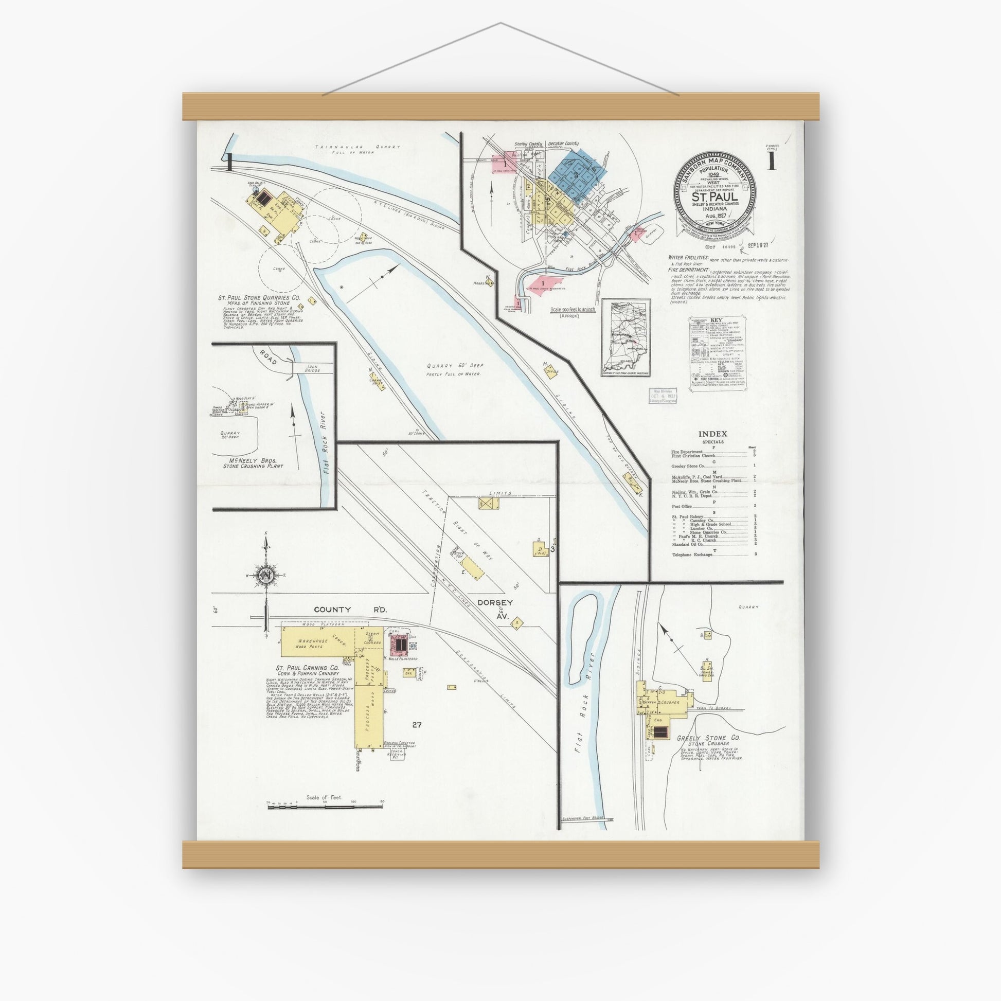 Old map wall art mockup — magnetic wood frame on white wall — Sanborn Fire Insurance Map from Saint Paul, Shelby And Decatur Counties, Indiana (1927) - Complete Map Set