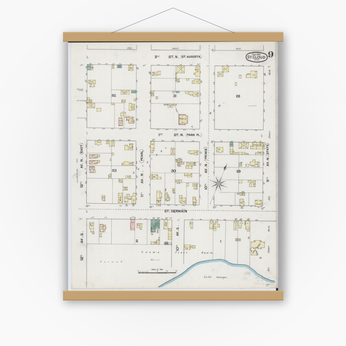 Old map wall art mockup — magnetic wood frame on white wall — Sanborn Fire Insurance Map from Saint Cloud, Stearns, Benton, and Sherburne Counties, Minnesota (1889), Sheet #0009