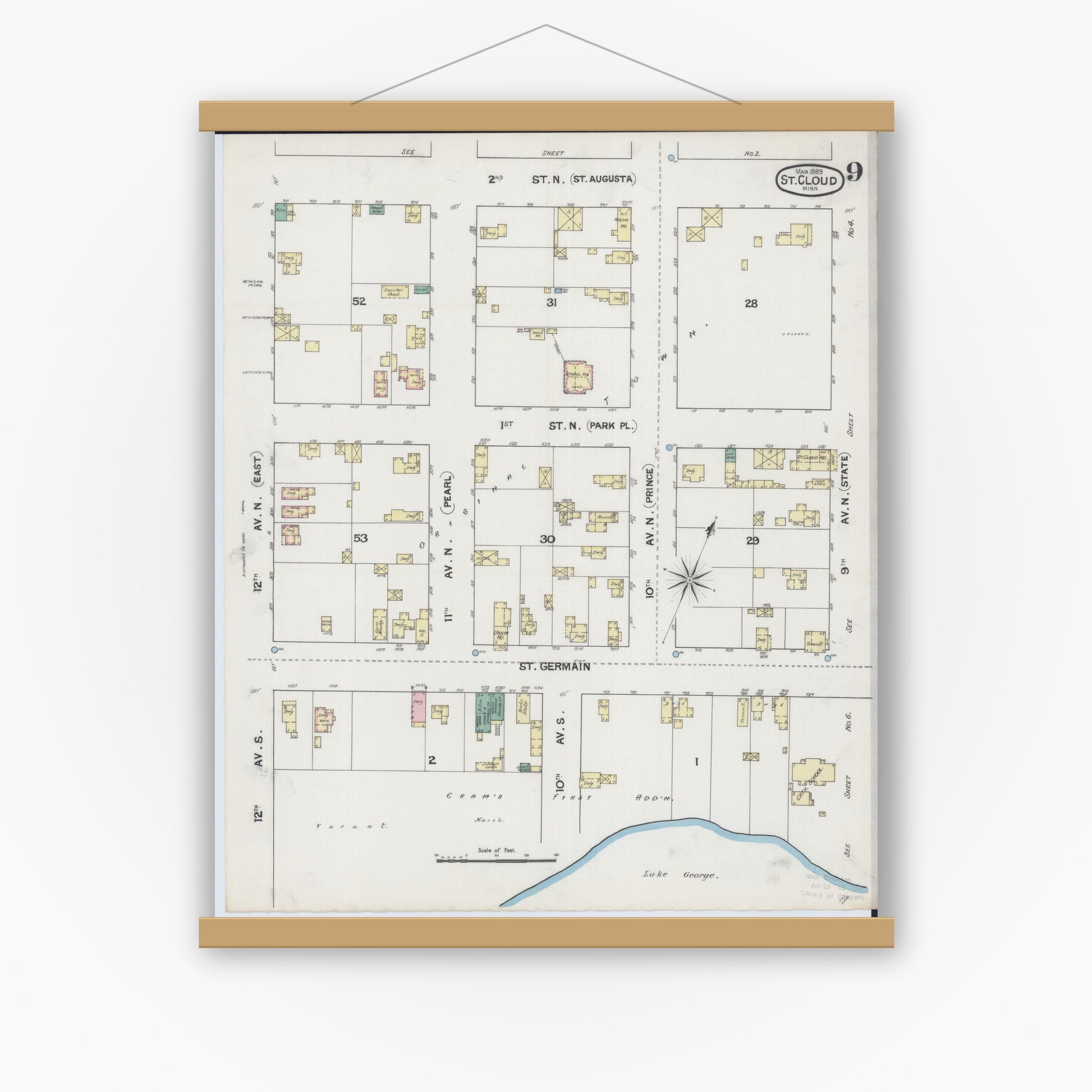 Old map wall art mockup — magnetic wood frame on white wall — Sanborn Fire Insurance Map from Saint Cloud, Stearns, Benton, and Sherburne Counties, Minnesota (1889), Sheet #0009