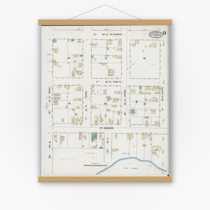 Old map wall art mockup — magnetic wood frame on white wall — Sanborn Fire Insurance Map from Saint Cloud, Stearns, Benton, and Sherburne Counties, Minnesota (1889), Sheet #0009