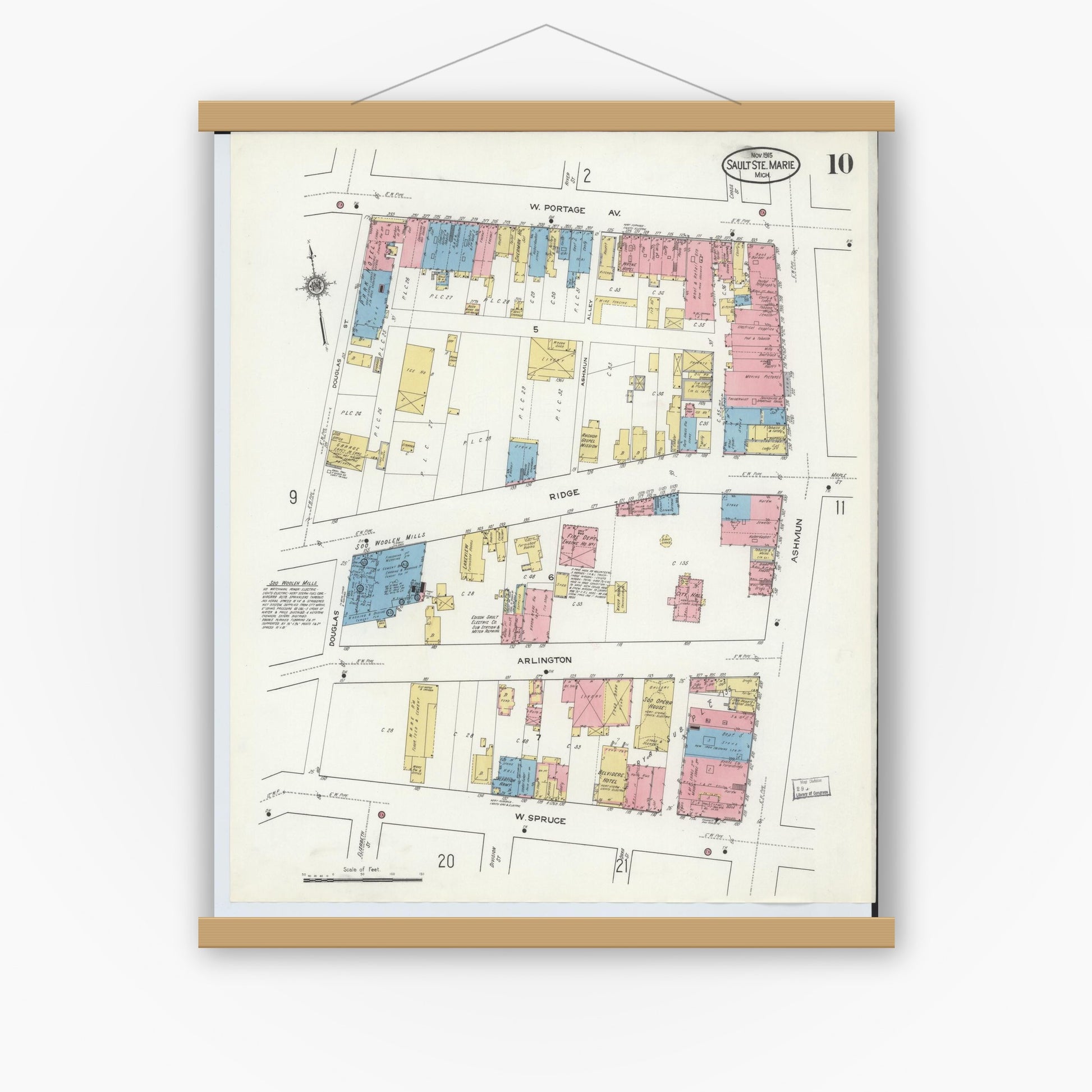Old map wall art mockup — magnetic wood frame on white wall — Sanborn Fire Insurance Map from Sault Sainte Marie, Chippewa County, Michigan (1915), Sheet #0010