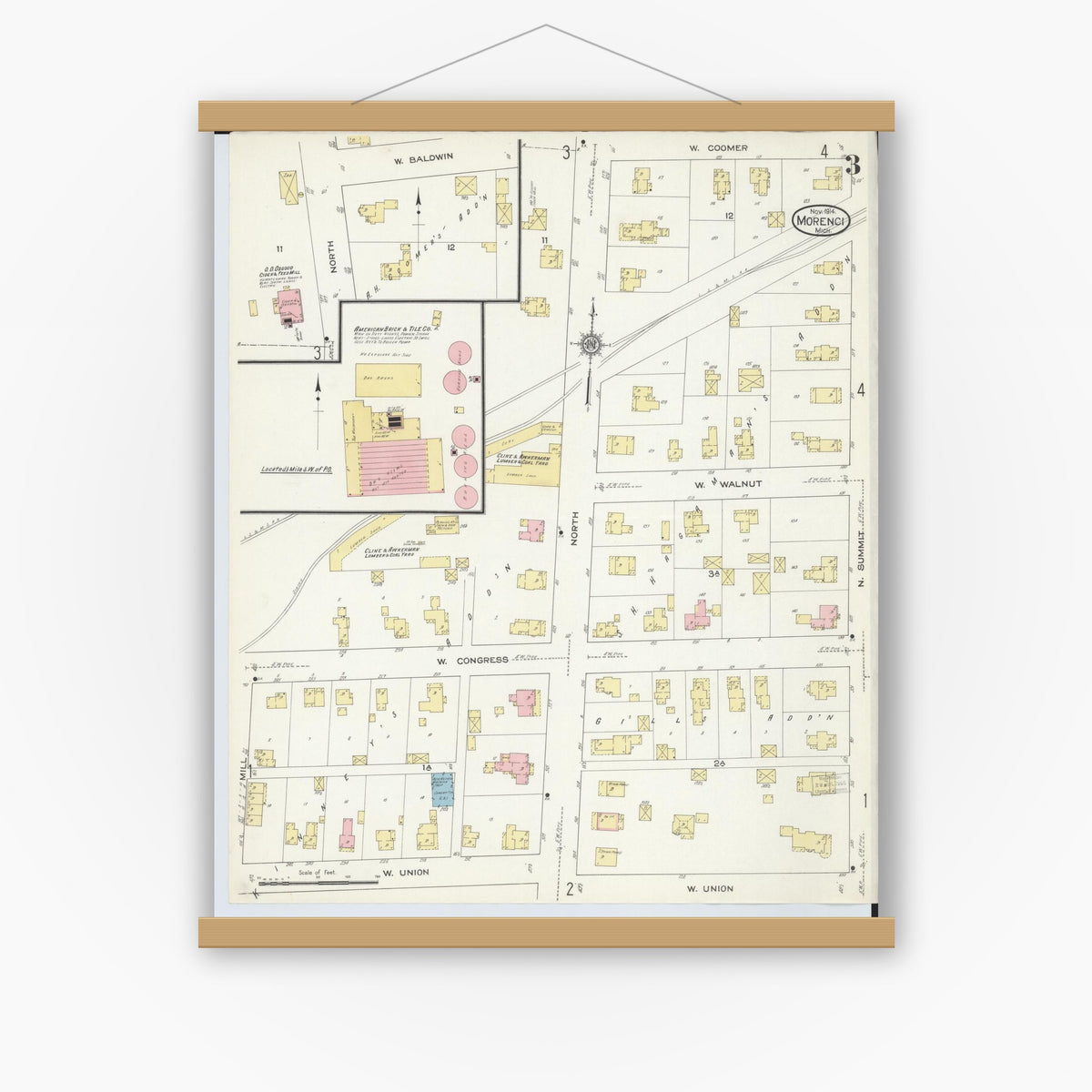 Old map wall art mockup — magnetic wood frame on white wall — Sanborn Fire Insurance Map from Morenci, Lenawee County, Michigan (1914), Sheet #0003