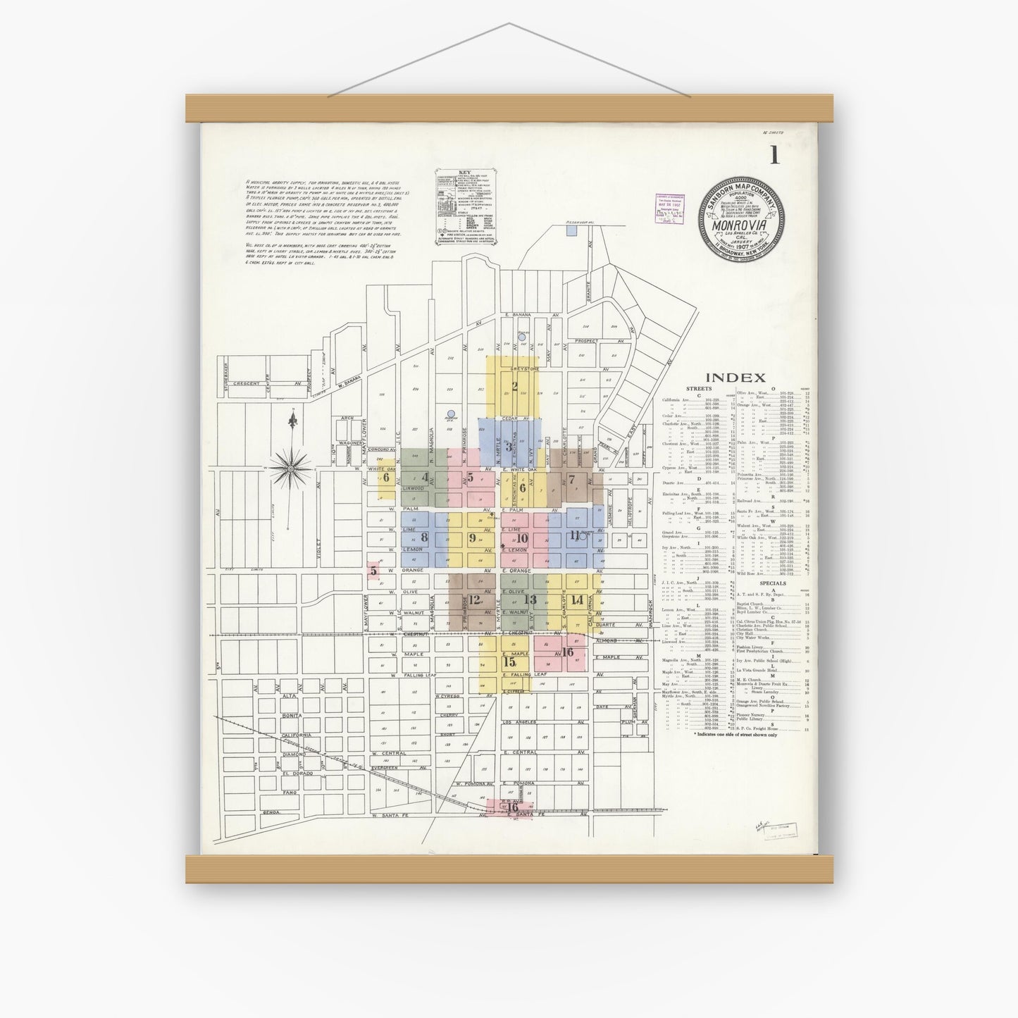 Old map wall art mockup — magnetic wood frame on white wall — Sanborn Fire Insurance Map from Monrovia, Los Angeles County, California (1907), Sheet #0001