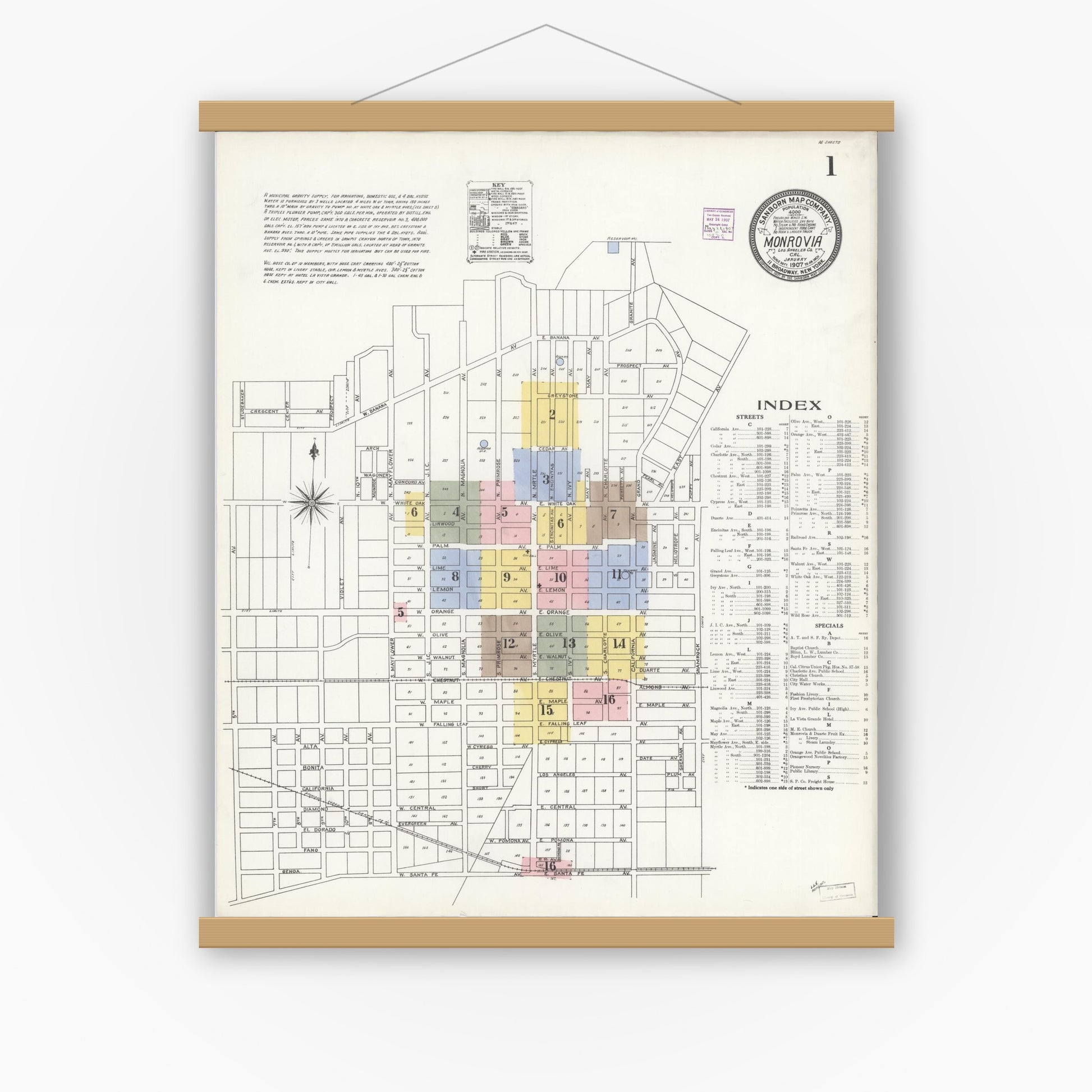 Old map wall art mockup — magnetic wood frame on white wall — Sanborn Fire Insurance Map from Monrovia, Los Angeles County, California (1907), Sheet #0001