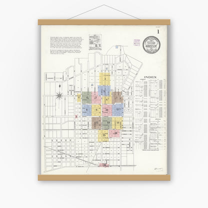 Old map wall art mockup — magnetic wood frame on white wall — Sanborn Fire Insurance Map from Monrovia, Los Angeles County, California (1907), Sheet #0001