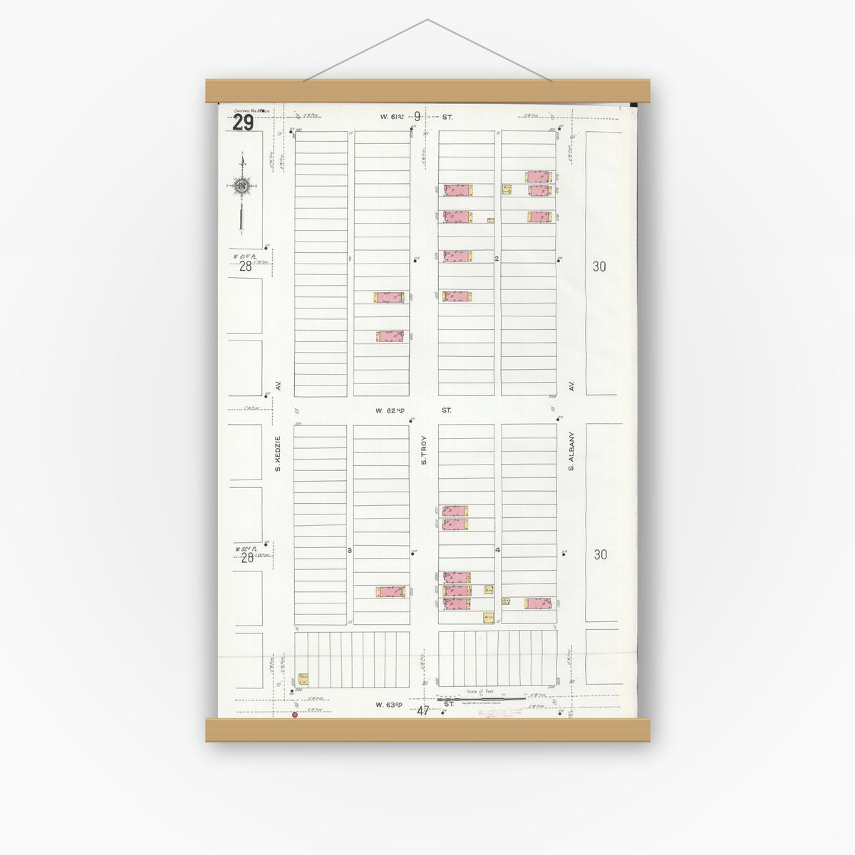 Old map wall art mockup — magnetic wood frame on white wall — Sanborn Fire Insurance Map from Chicago, Cook County, Illinois (1920), Sheet #0029