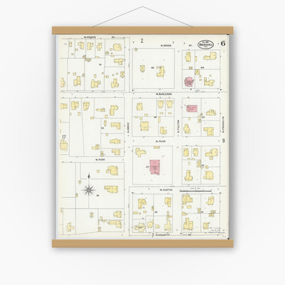 Old map wall art mockup — magnetic wood frame on white wall — Sanborn Fire Insurance Map from Marshall, Harrison County, Texas (1904), Sheet #0006