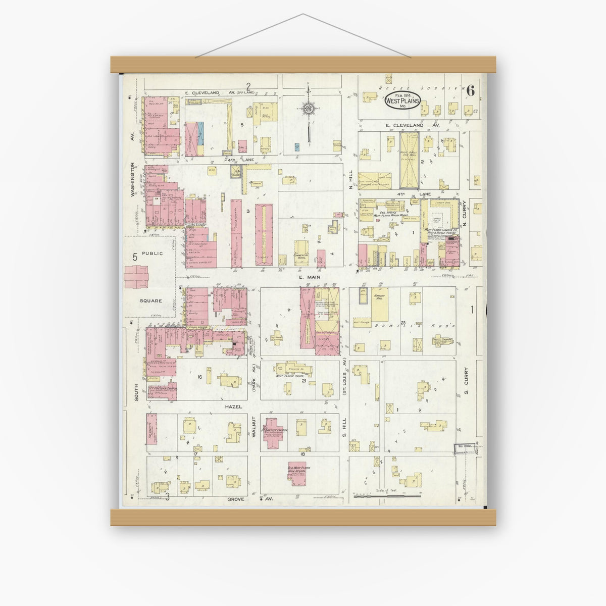 Old map wall art mockup — magnetic wood frame on white wall — Sanborn Fire Insurance Map from West Plains, Howell County, Missouri (1914), Sheet #0006