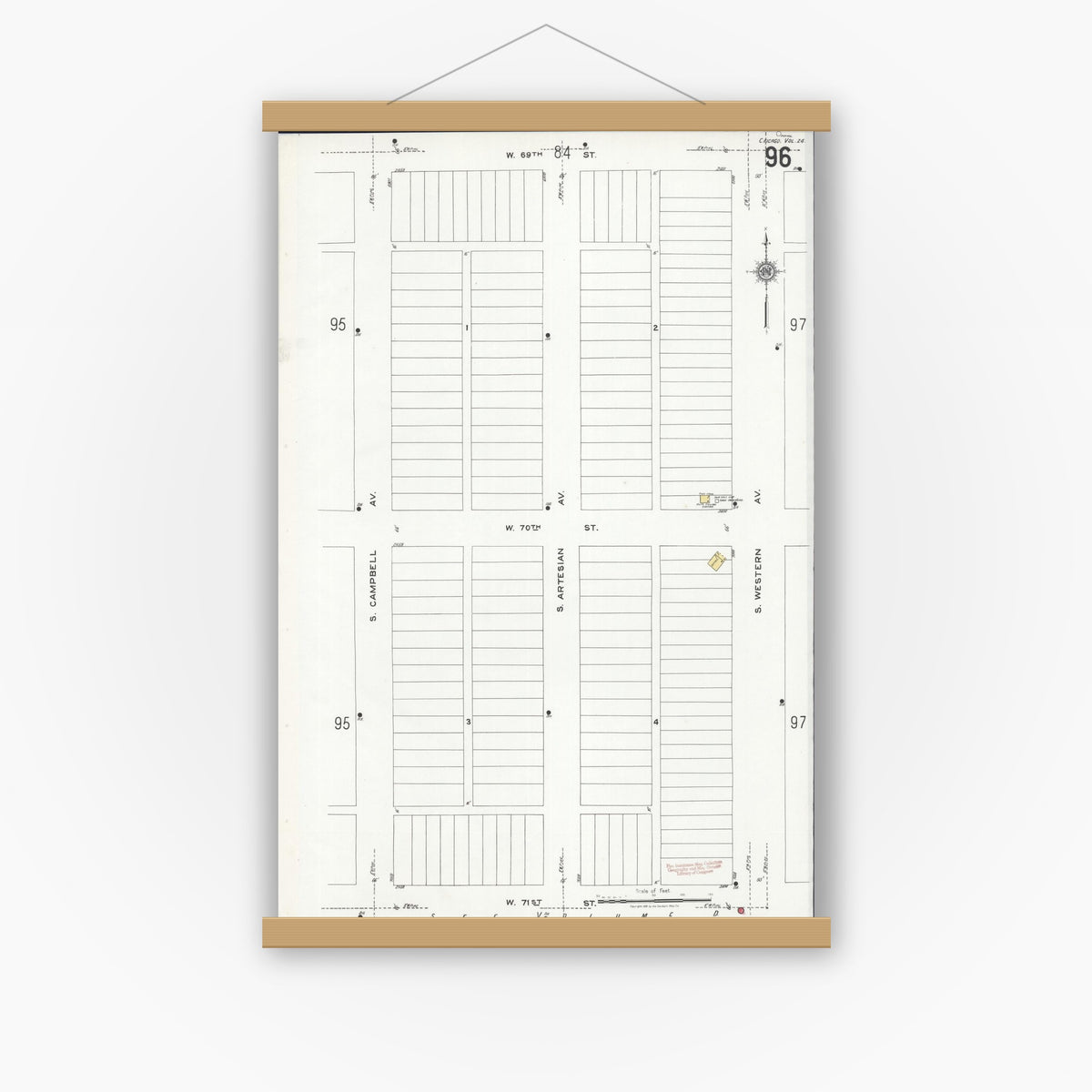 Old map wall art mockup — magnetic wood frame on white wall — Sanborn Fire Insurance Map from Chicago, Cook County, Illinois (1920), Sheet #0096