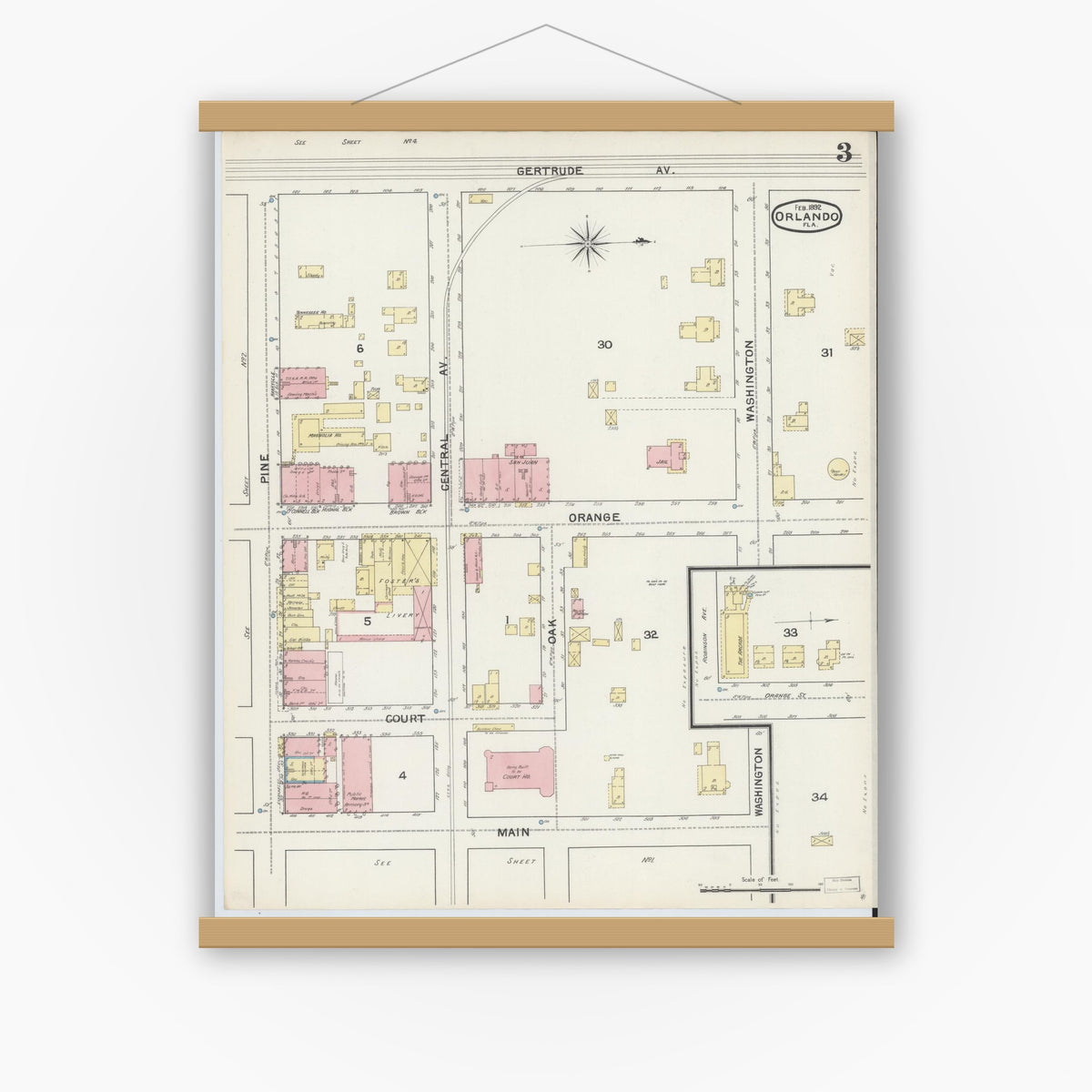 Old map wall art mockup — magnetic wood frame on white wall — Sanborn Fire Insurance Map from Orlando, Orange County, Florida (1892), Sheet #0003