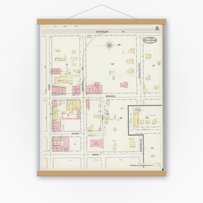 Old map wall art mockup — magnetic wood frame on white wall — Sanborn Fire Insurance Map from Orlando, Orange County, Florida (1892), Sheet #0003