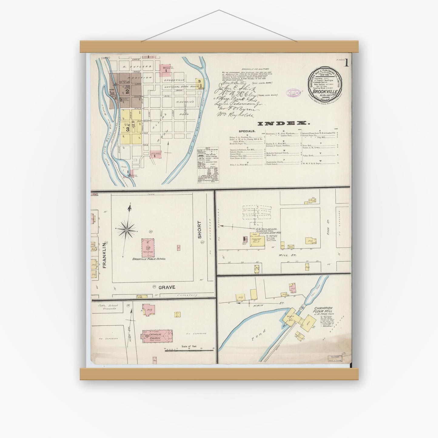 Old map wall art mockup — magnetic wood frame on white wall — Sanborn Fire Insurance Map from Brookville, Franklin County, Indiana (1887) - Complete Map Set