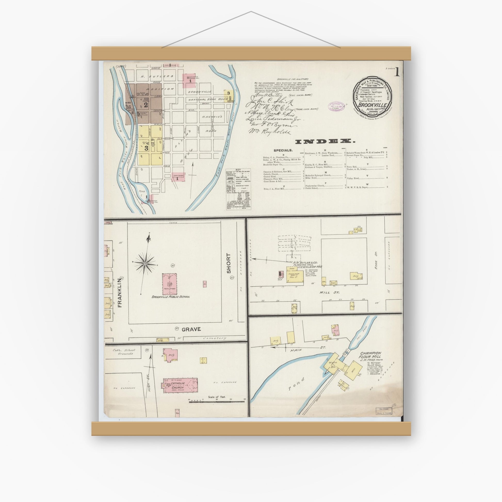 Old map wall art mockup — magnetic wood frame on white wall — Sanborn Fire Insurance Map from Brookville, Franklin County, Indiana (1887) - Complete Map Set