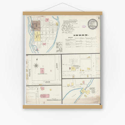 Old map wall art mockup — magnetic wood frame on white wall — Sanborn Fire Insurance Map from Brookville, Franklin County, Indiana (1887) - Complete Map Set