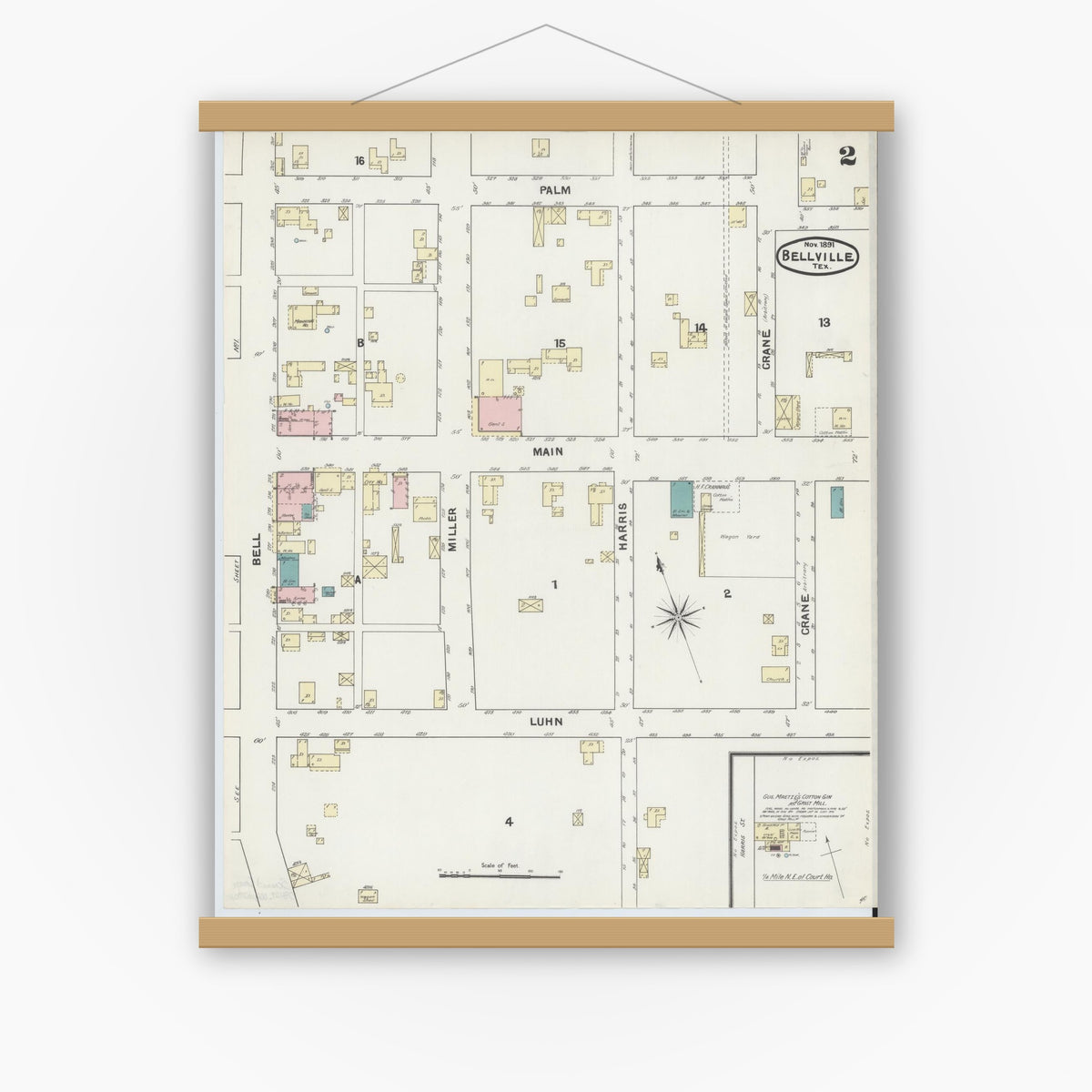 Old map wall art mockup — magnetic wood frame on white wall — Sanborn Fire Insurance Map from Bellville, Austin County, Texas (1891), Sheet #0002