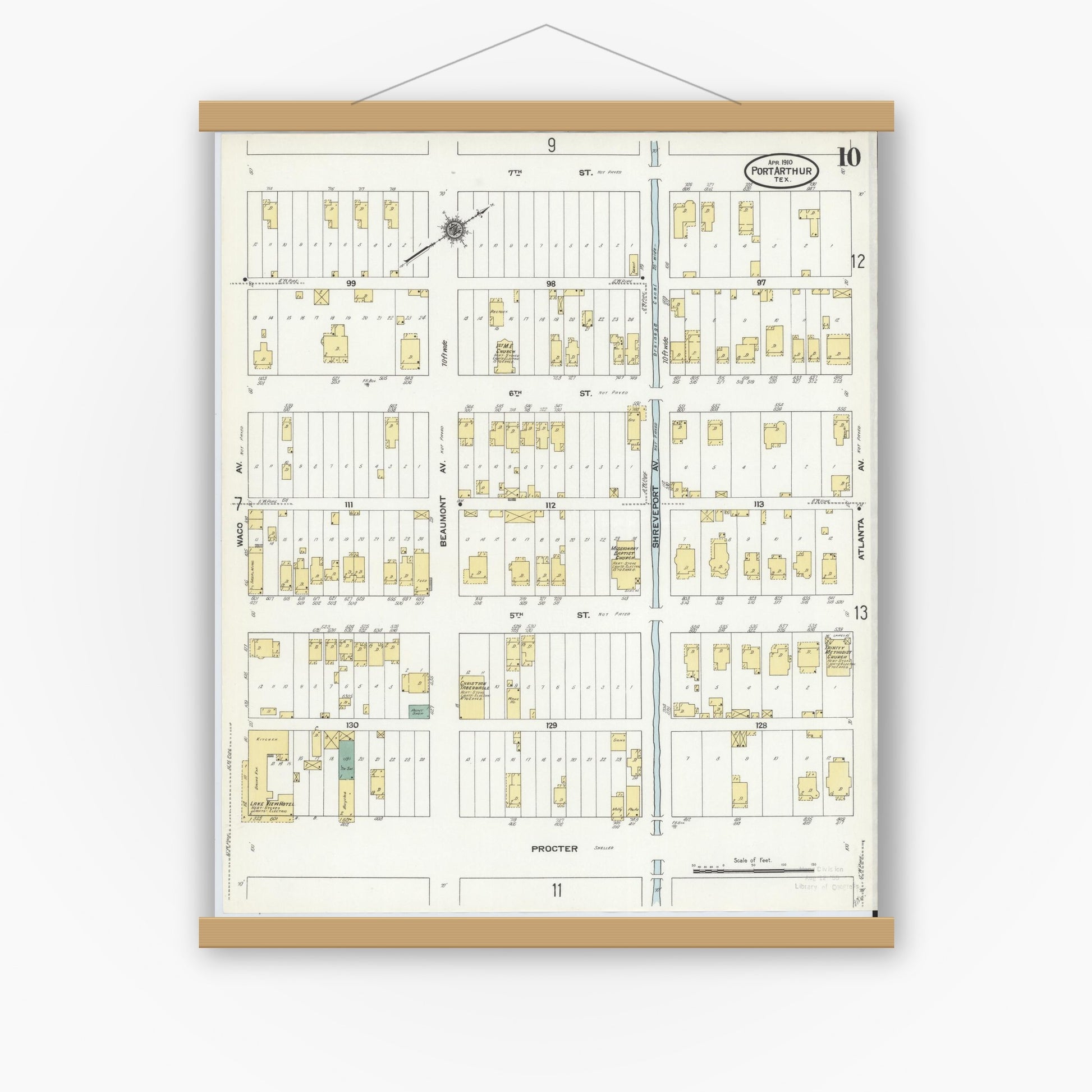Old map wall art mockup — magnetic wood frame on white wall — Sanborn Fire Insurance Map from Port Arthur, Jefferson County, Texas (1910), Sheet #0010