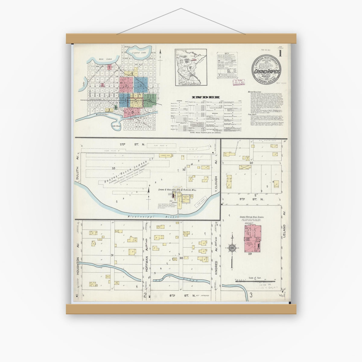 Old map wall art mockup — magnetic wood frame on white wall — Sanborn Fire Insurance Map from Grand Rapids, Itasca County, Minnesota (1913) - Complete Map Set