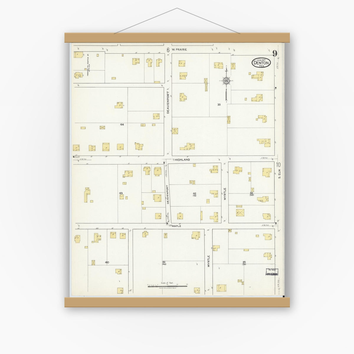 Old map wall art mockup — magnetic wood frame on white wall — Sanborn Fire Insurance Map from Denton, Denton County, Texas (1917), Sheet #0009