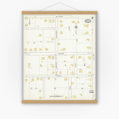 Old map wall art mockup — magnetic wood frame on white wall — Sanborn Fire Insurance Map from Denton, Denton County, Texas (1917), Sheet #0009