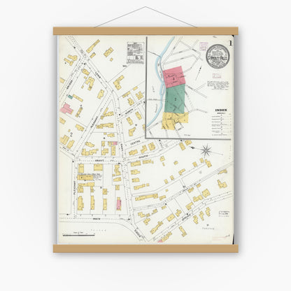 Old map wall art mockup — magnetic wood frame on white wall — Sanborn Fire Insurance Map from South Hadley Falls, Hampshire County, Massachusetts (1905), Sheet #0001