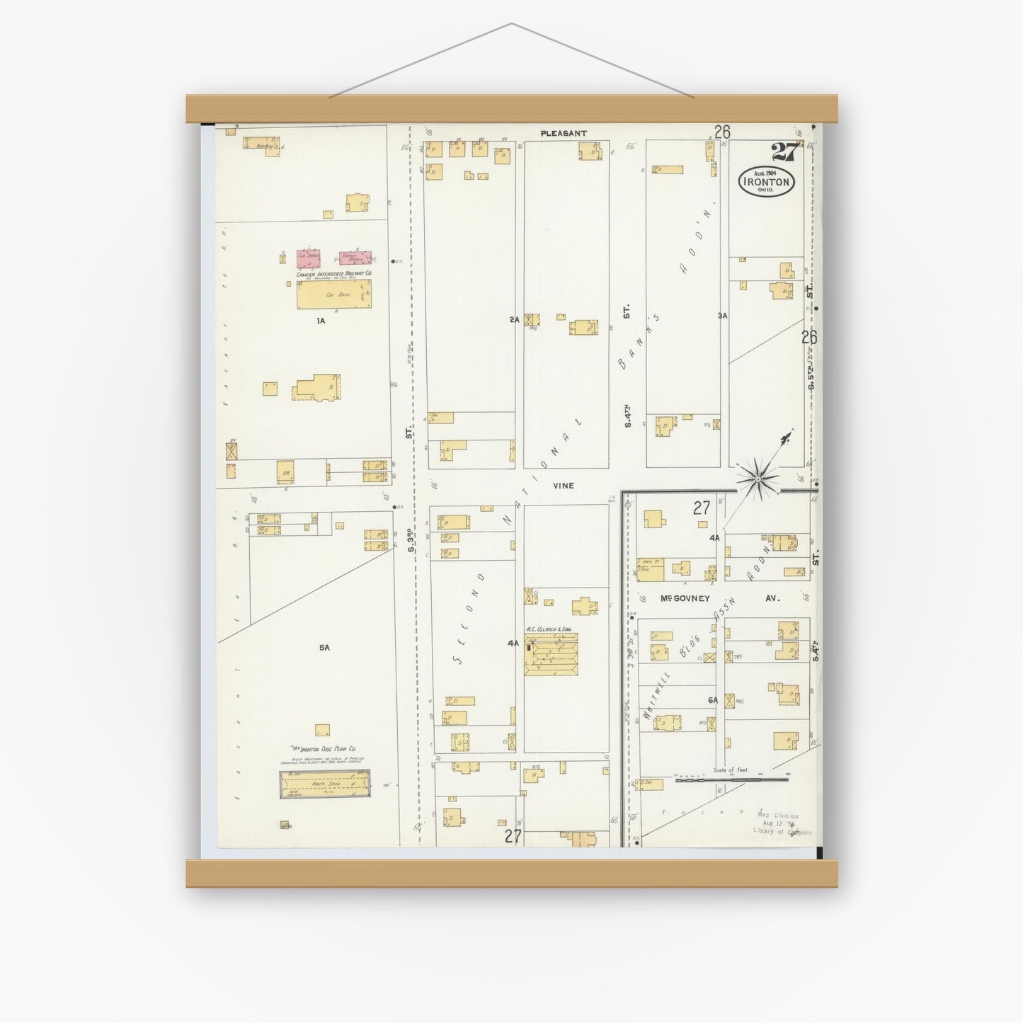 Old map wall art mockup — magnetic wood frame on white wall — Sanborn Fire Insurance Map from Ironton, Lawrence County, Ohio (1904), Sheet #0027