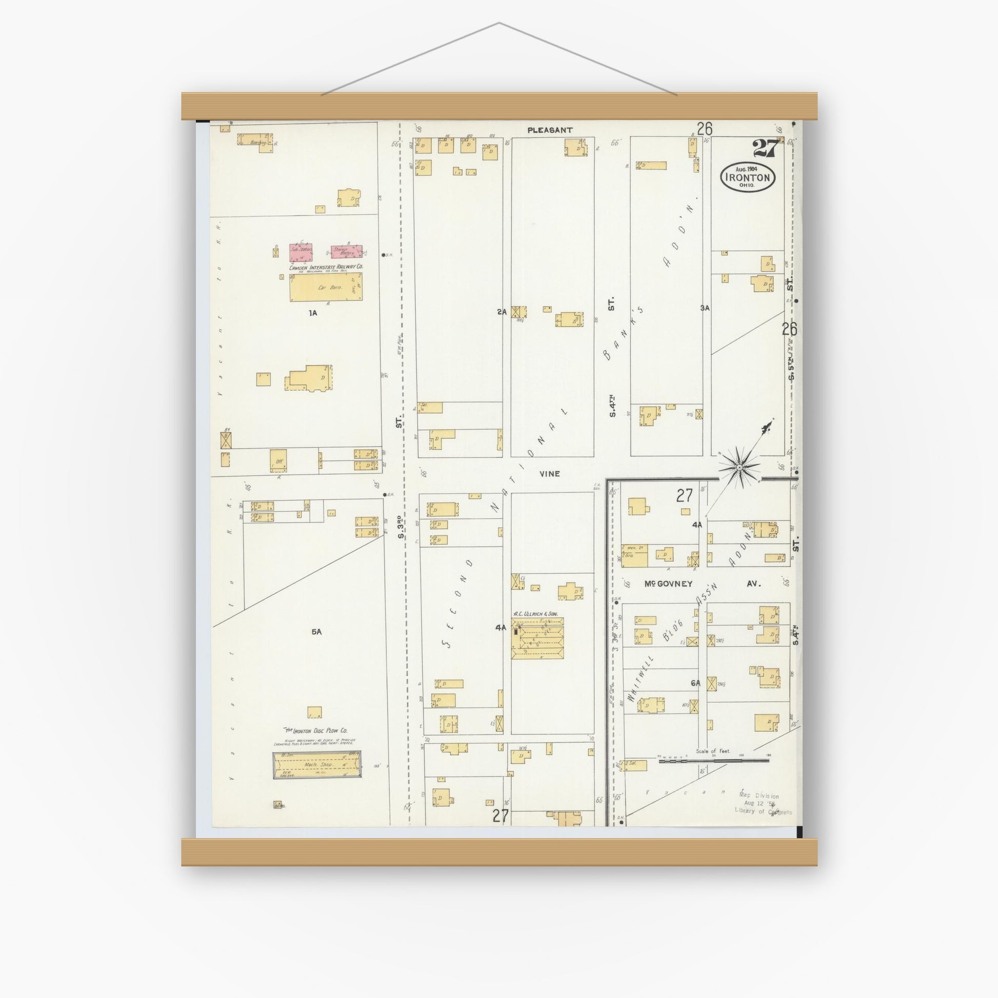 Old map wall art mockup — magnetic wood frame on white wall — Sanborn Fire Insurance Map from Ironton, Lawrence County, Ohio (1904), Sheet #0027