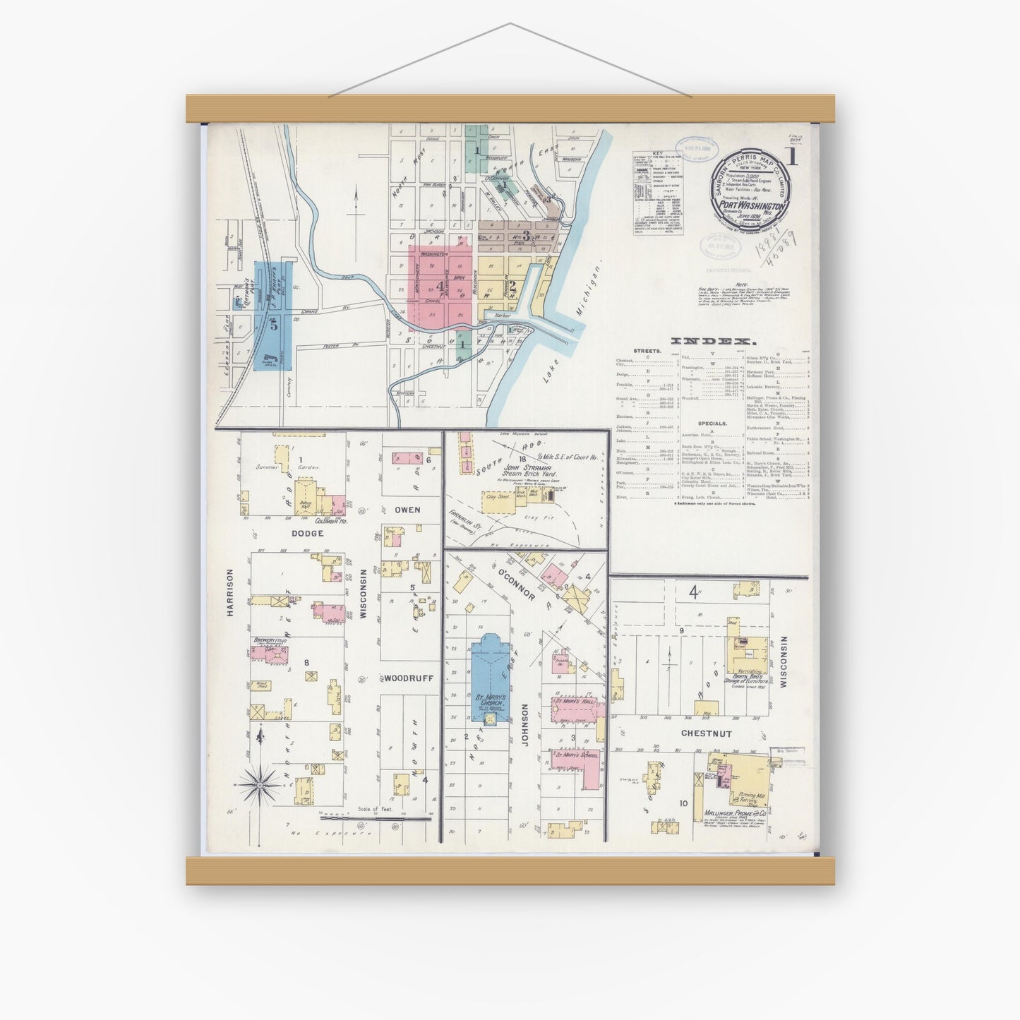 Old map wall art mockup — magnetic wood frame on white wall — Sanborn Fire Insurance Map from Port Washington, Ozaukee County, Wisconsin (1898) - Complete Map Set