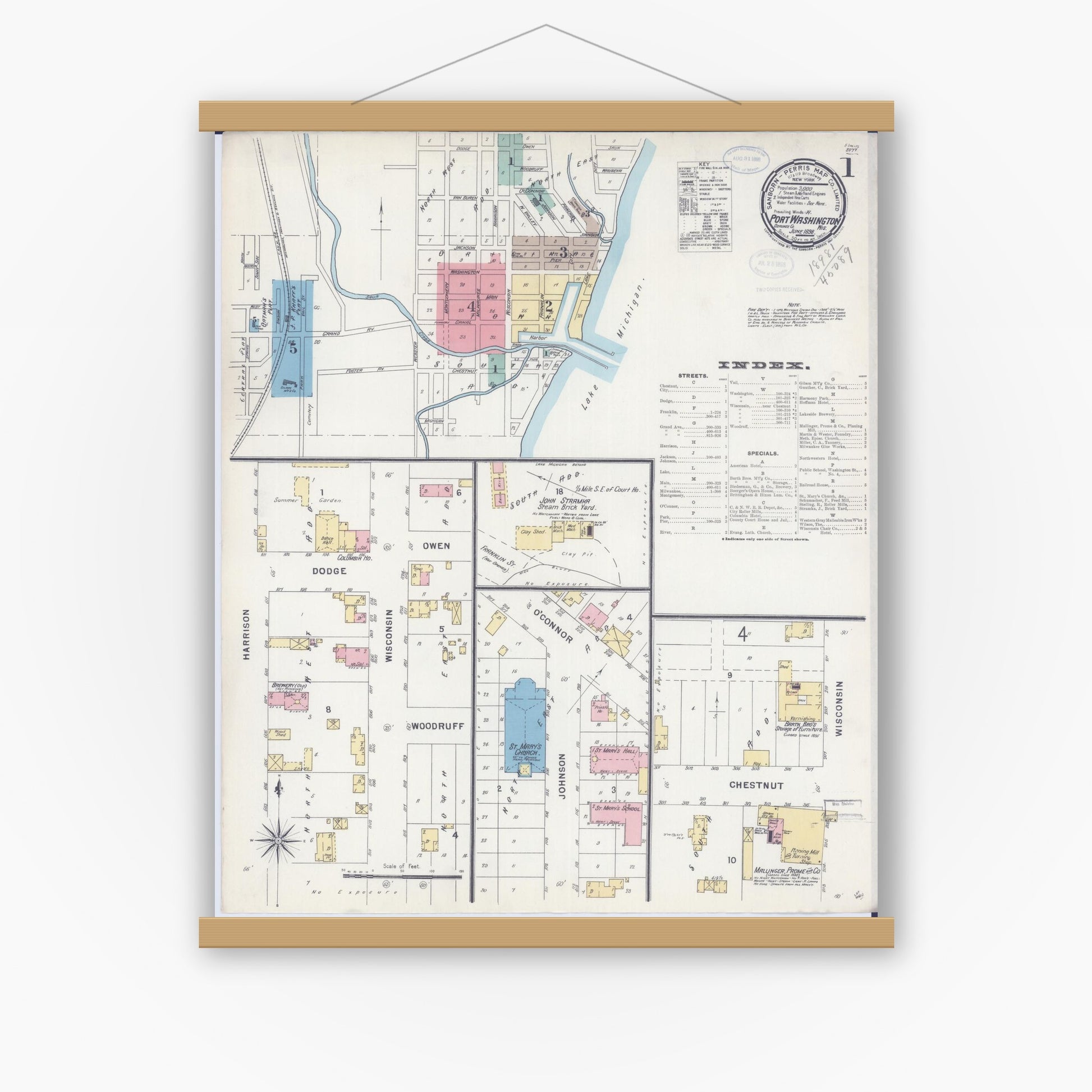 Old map wall art mockup — magnetic wood frame on white wall — Sanborn Fire Insurance Map from Port Washington, Ozaukee County, Wisconsin (1898) - Complete Map Set