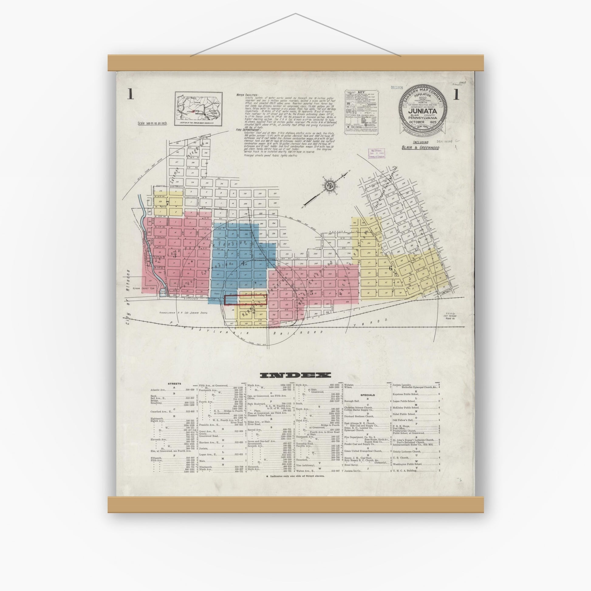 Old map wall art mockup — magnetic wood frame on white wall — Sanborn Fire Insurance Map from Juniata, Blair County, Pennsylvania (1925) - Complete Map Set