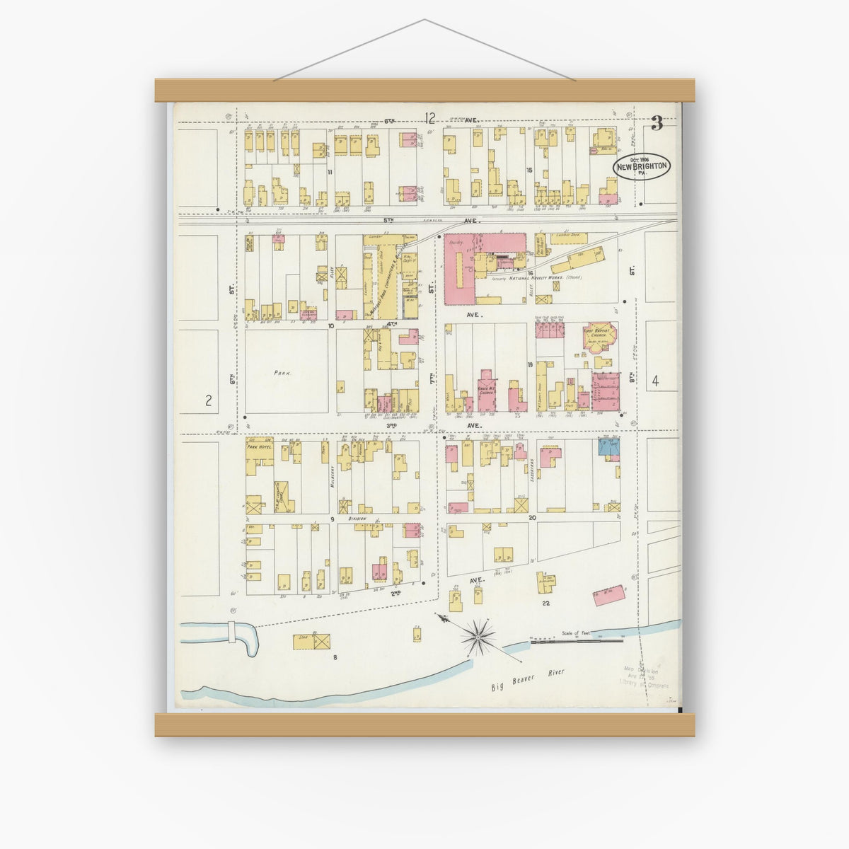 Old map wall art mockup — magnetic wood frame on white wall — Sanborn Fire Insurance Map from New Brighton, Beaver County, Pennsylvania (1906), Sheet #0003