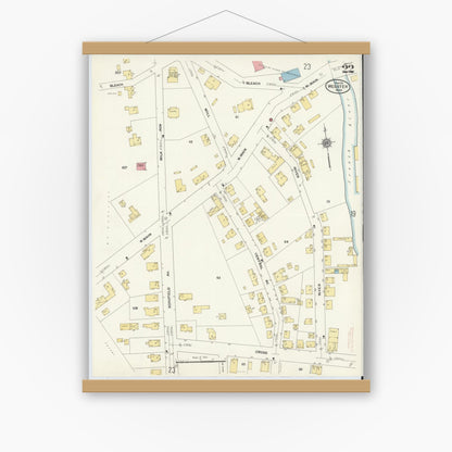 Old map wall art mockup — magnetic wood frame on white wall — Sanborn Fire Insurance Map from Webster, Worcester County, Massachusetts (1911), Sheet #0022