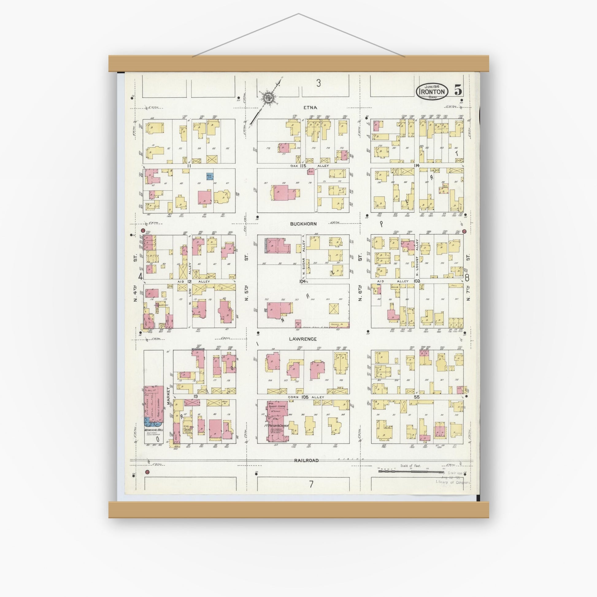 Old map wall art mockup — magnetic wood frame on white wall — Sanborn Fire Insurance Map from Ironton, Lawrence County, Ohio (1916), Sheet #0005
