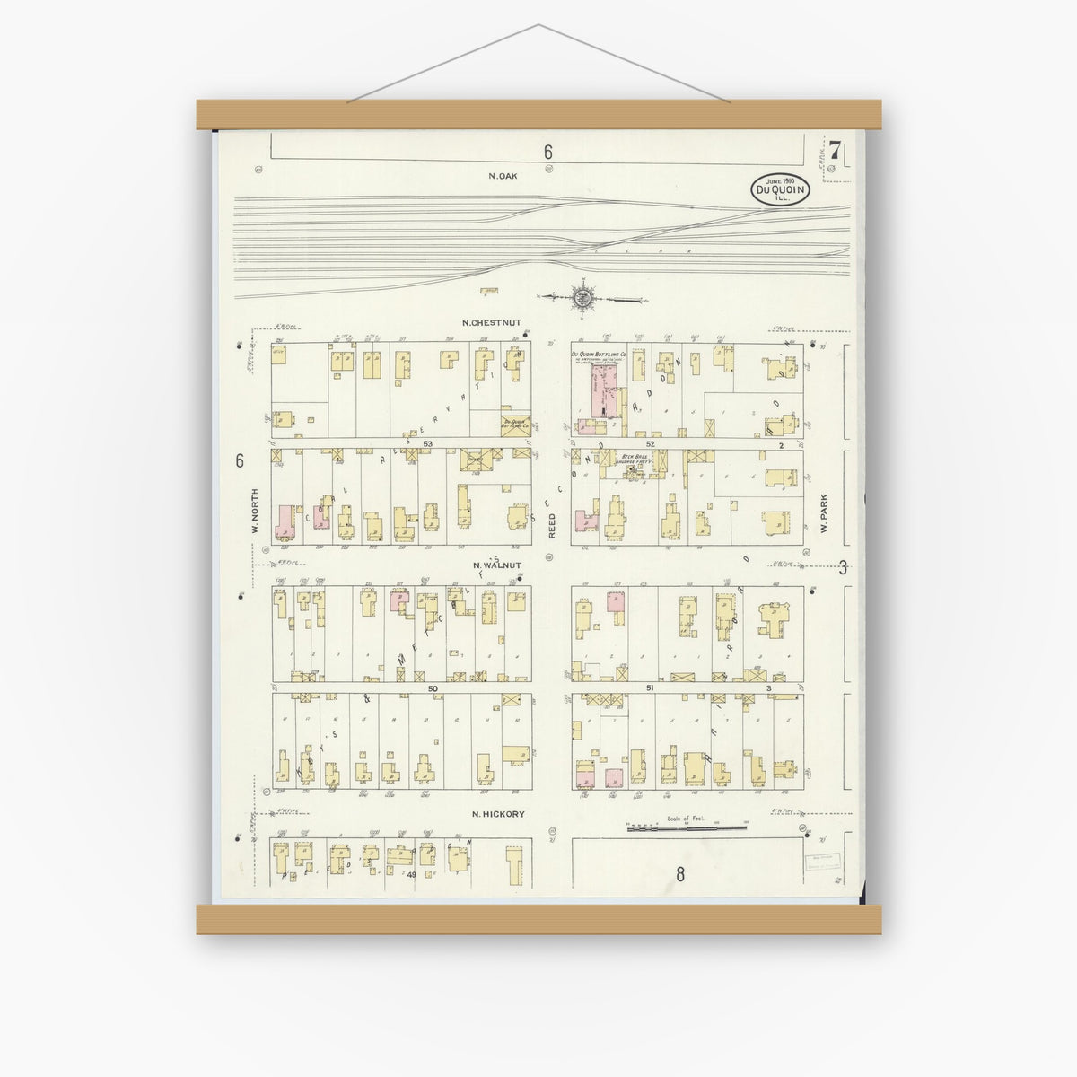 Old map wall art mockup — magnetic wood frame on white wall — Sanborn Fire Insurance Map from Du Quoin, Perry County, Illinois (1910), Sheet #0007