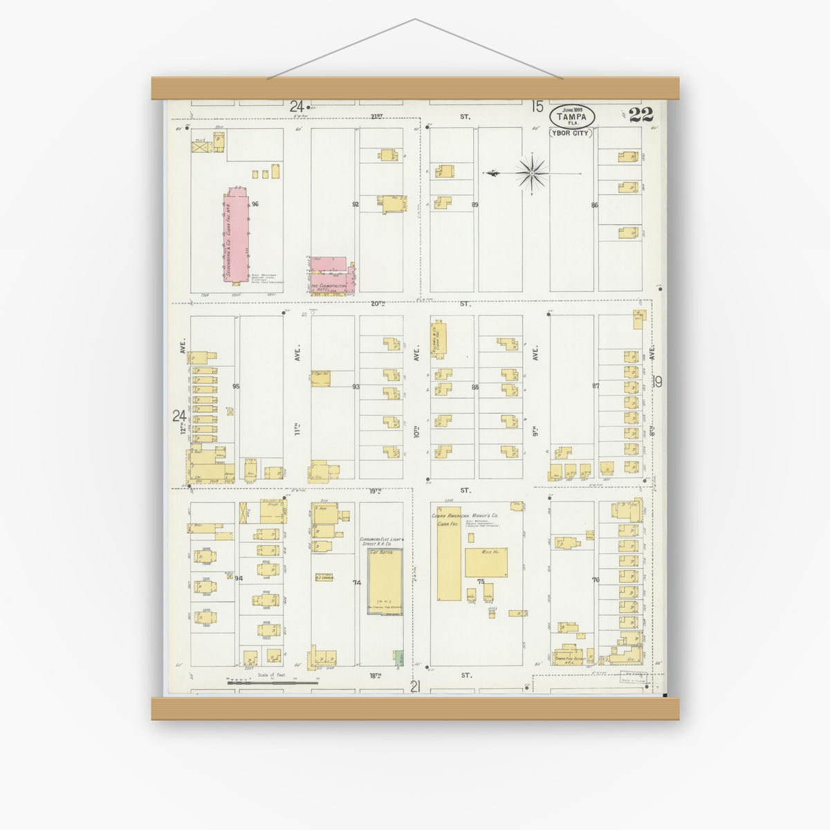 Old map wall art mockup — magnetic wood frame on white wall — Sanborn Fire Insurance Map from Tampa, Hillsborough County, Florida (1899), Sheet #0022