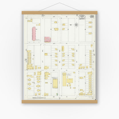 Old map wall art mockup — magnetic wood frame on white wall — Sanborn Fire Insurance Map from Tampa, Hillsborough County, Florida (1899), Sheet #0022
