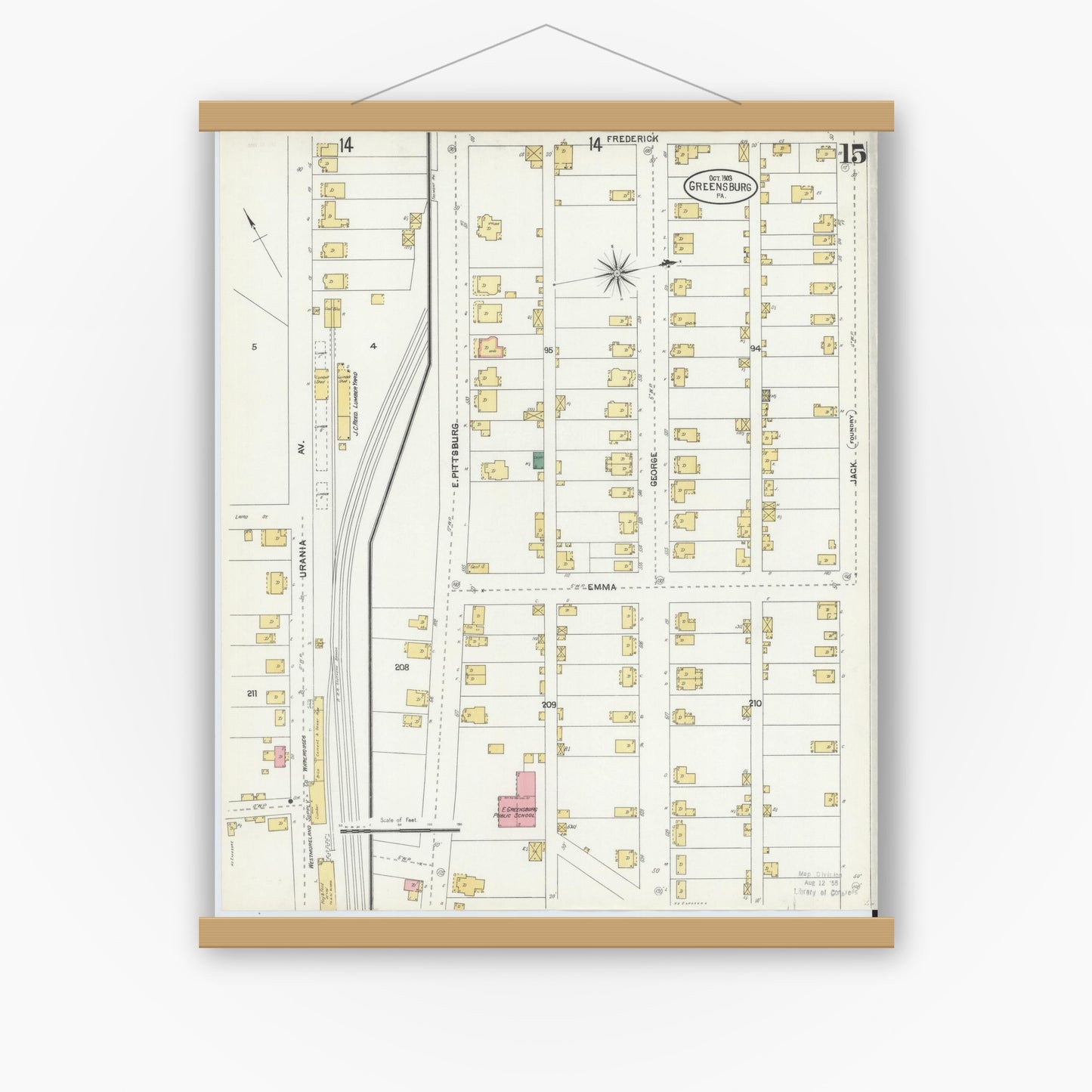 Old map wall art mockup — magnetic wood frame on white wall — Sanborn Fire Insurance Map from Greensburg, Westmoreland County, Pennsylvania (1903), Sheet #0015