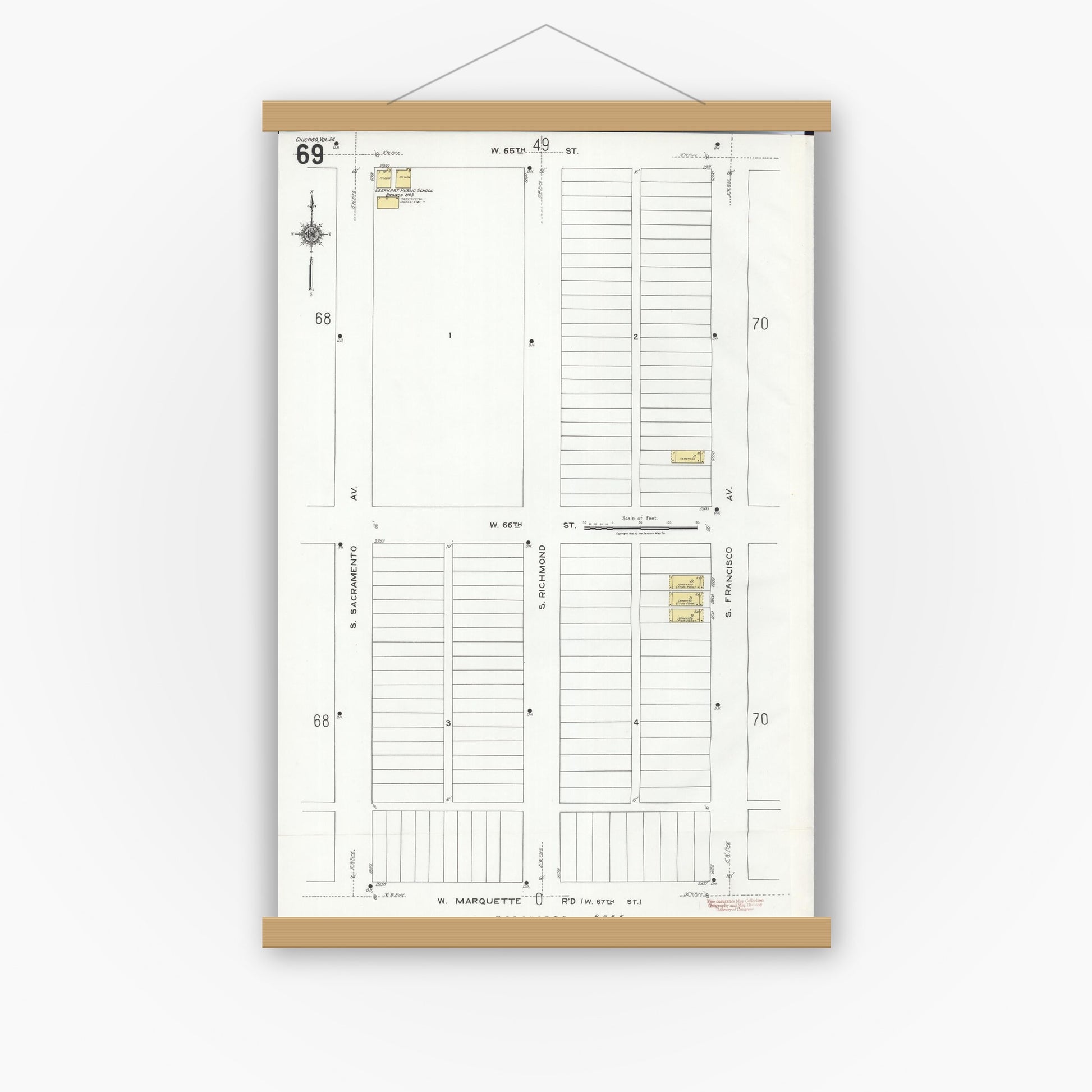Old map wall art mockup — magnetic wood frame on white wall — Sanborn Fire Insurance Map from Chicago, Cook County, Illinois (1920), Sheet #0069