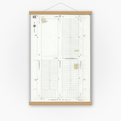 Old map wall art mockup — magnetic wood frame on white wall — Sanborn Fire Insurance Map from Chicago, Cook County, Illinois (1920), Sheet #0069
