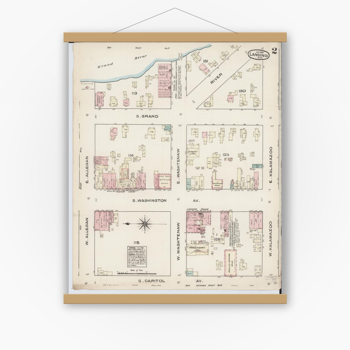 Old map wall art mockup — magnetic wood frame on white wall — Sanborn Fire Insurance Map from Lansing, Ingham County, Michigan (1885), Sheet #0002