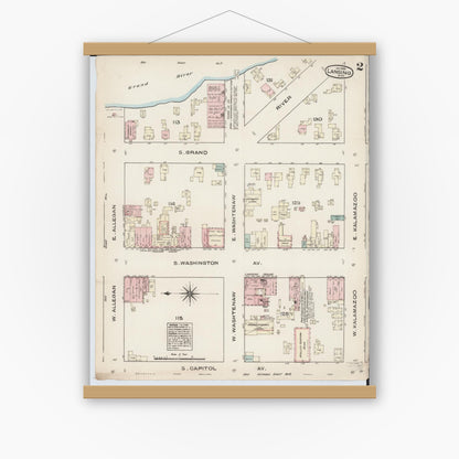 Old map wall art mockup — magnetic wood frame on white wall — Sanborn Fire Insurance Map from Lansing, Ingham County, Michigan (1885), Sheet #0002
