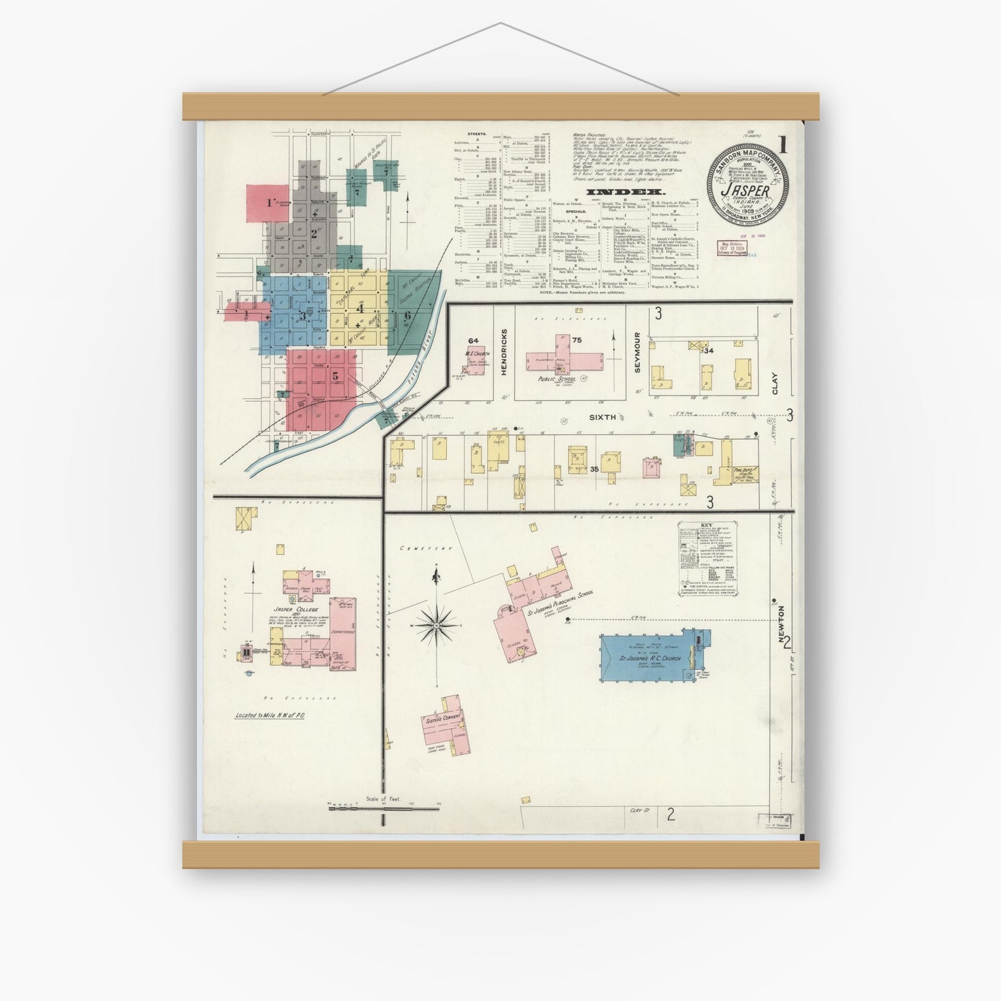 Old map wall art mockup — magnetic wood frame on white wall — Sanborn Fire Insurance Map from Jasper, Dubois County, Indiana (1909) - Complete Map Set
