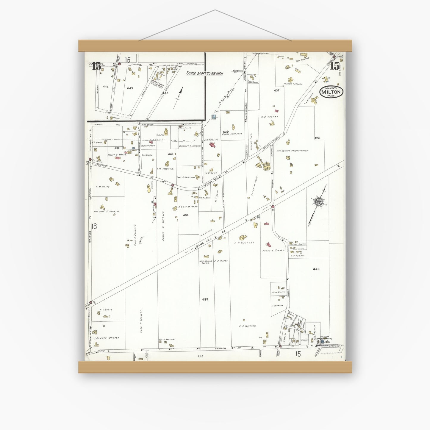 Old map wall art mockup — magnetic wood frame on white wall — Sanborn Fire Insurance Map from Milton, Norfolk County, Massachusetts (1923), Sheet #0015