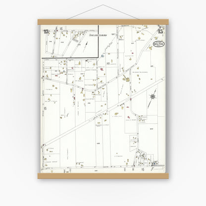 Old map wall art mockup — magnetic wood frame on white wall — Sanborn Fire Insurance Map from Milton, Norfolk County, Massachusetts (1923), Sheet #0015