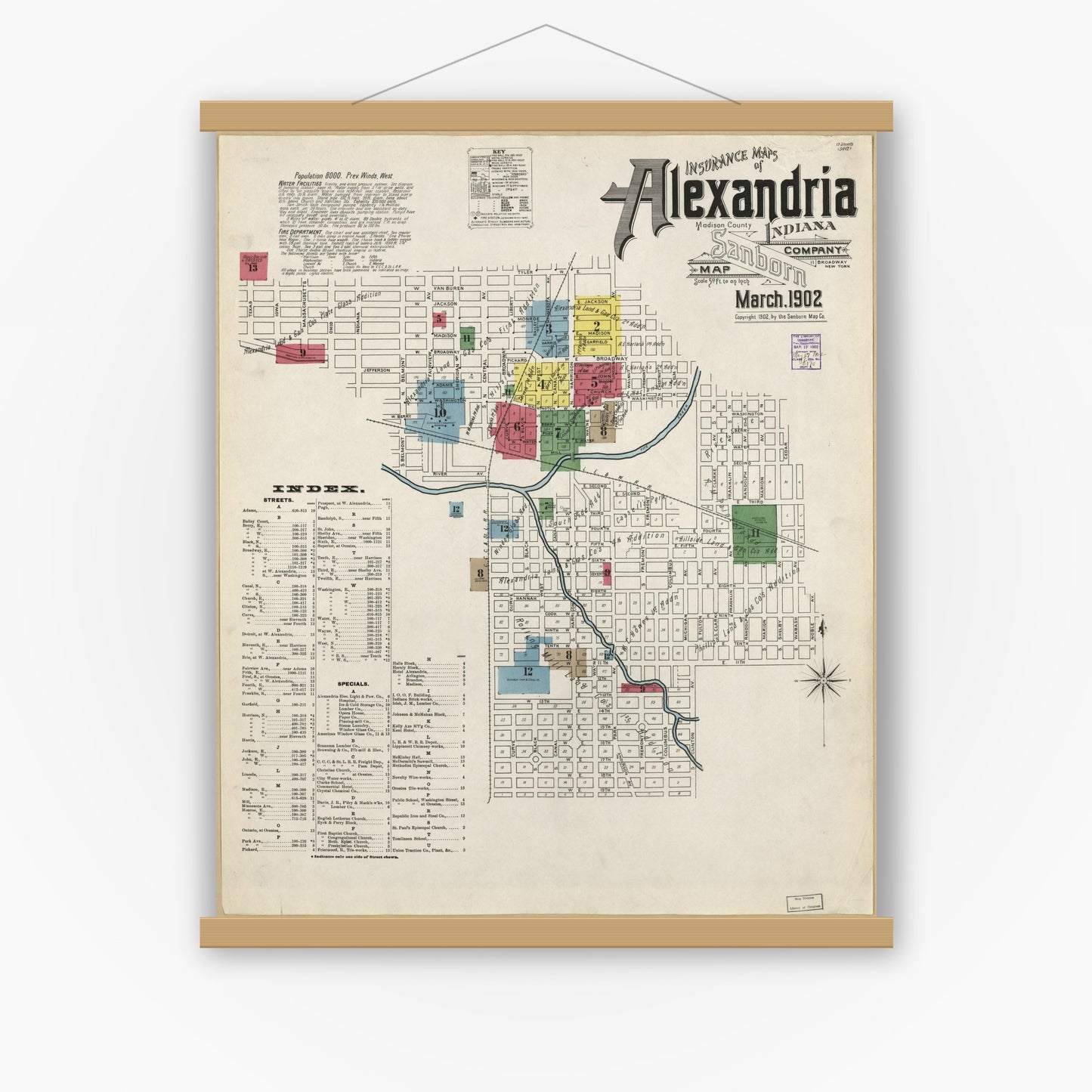 Old map wall art mockup — magnetic wood frame on white wall — Sanborn Fire Insurance Map from Alexandria, Madison County, Indiana (1902), Sheet #0001