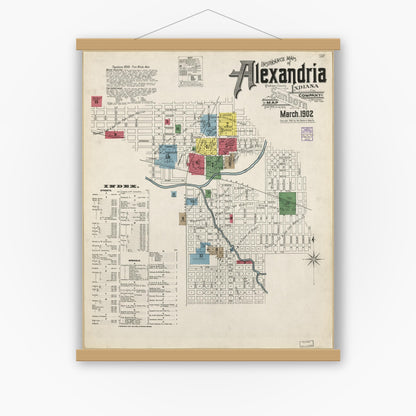 Old map wall art mockup — magnetic wood frame on white wall — Sanborn Fire Insurance Map from Alexandria, Madison County, Indiana (1902), Sheet #0001